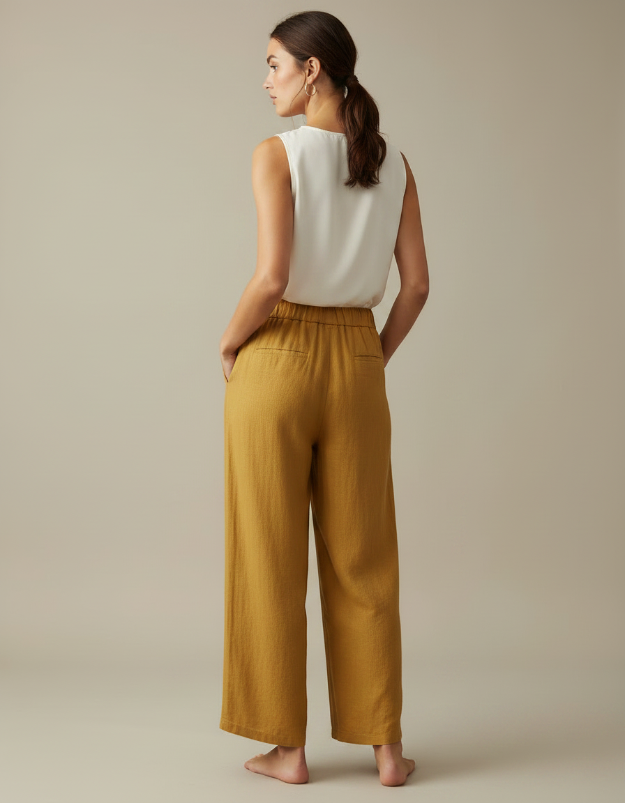 Pantalon Chinois Jaune Lin Ample Fluide Décontracté - vue 2