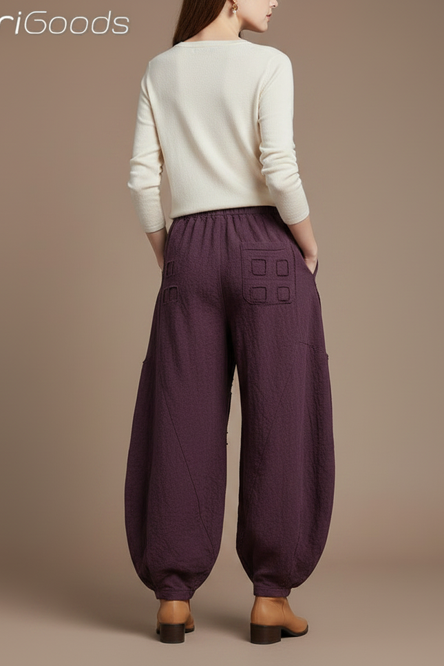 Pantalon Chinois Violet Lin Ample Texturé Géométrique Femme - vue 2