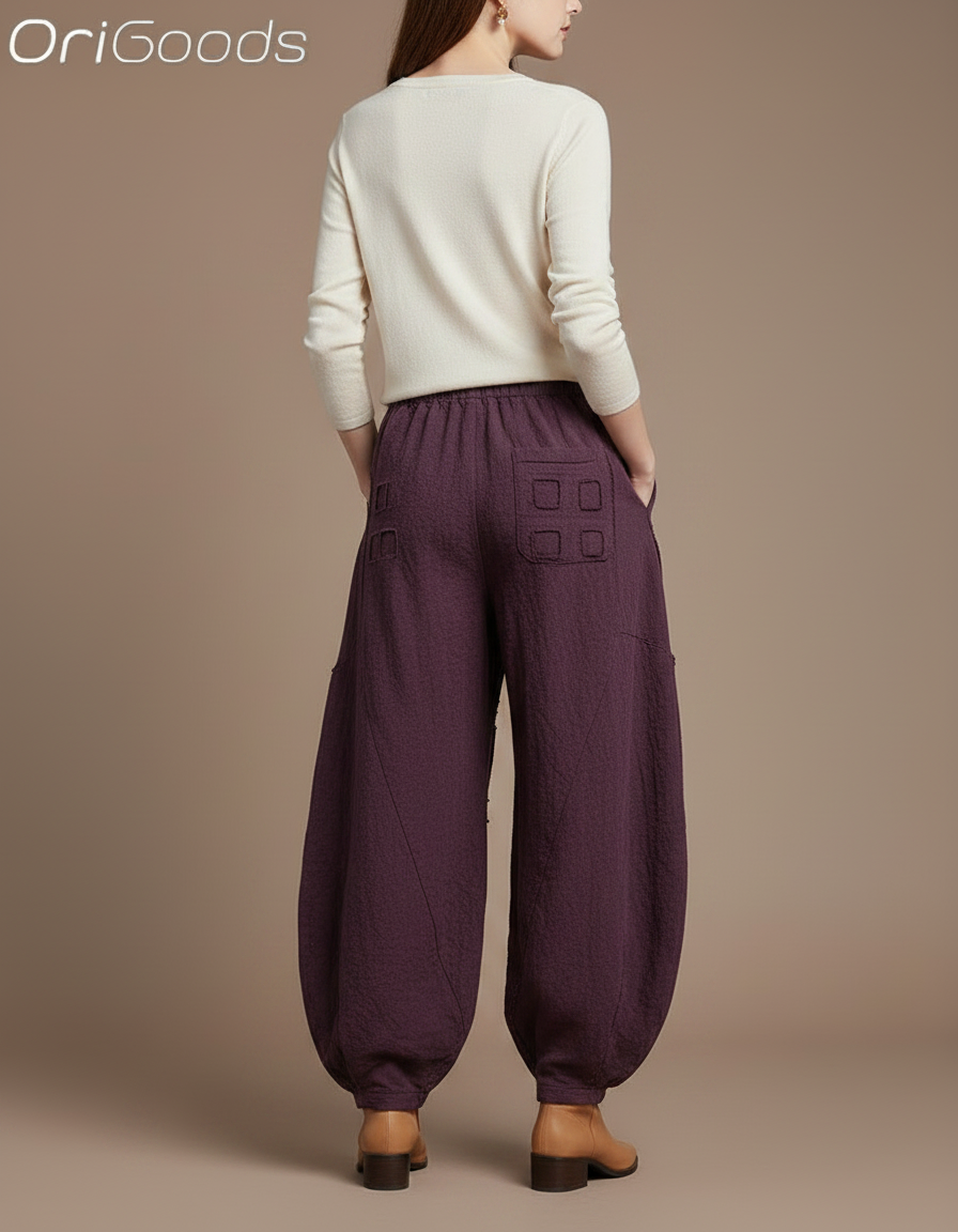 Pantalon Chinois Violet Lin Ample Texturé Géométrique Femme - vue 2