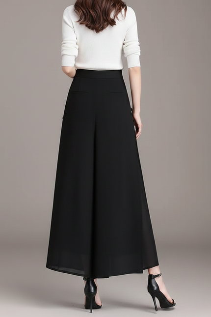 Pantalon Chinois Noir Fluide Élégant Boutons Femme - Polyester - vue 2