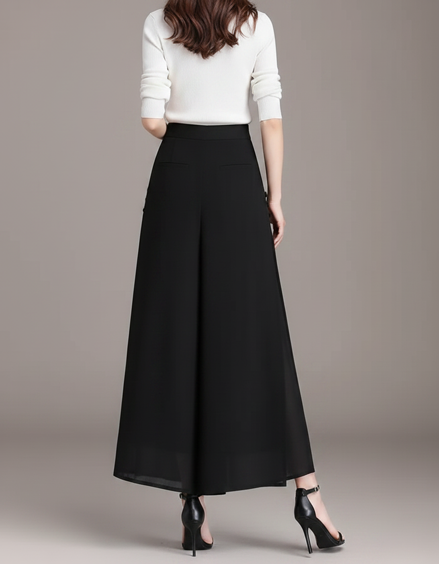 Pantalon Chinois Noir Fluide Élégant Boutons Femme - Polyester - vue 2