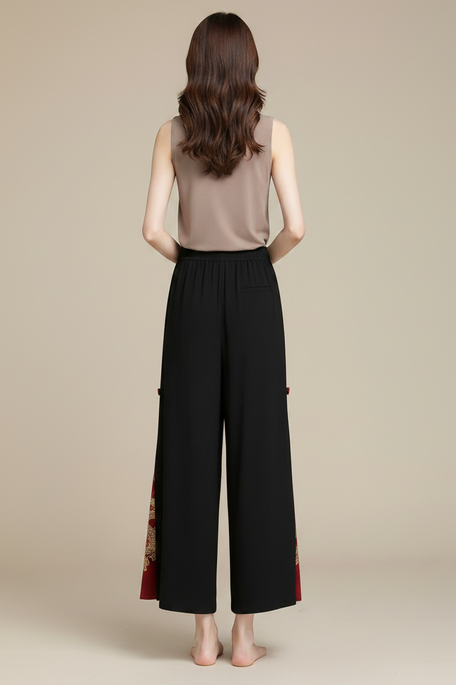 Pantalon Chinois Noir Brodé Dragon Ample Fendu Ethnique - Polyester - vue 2