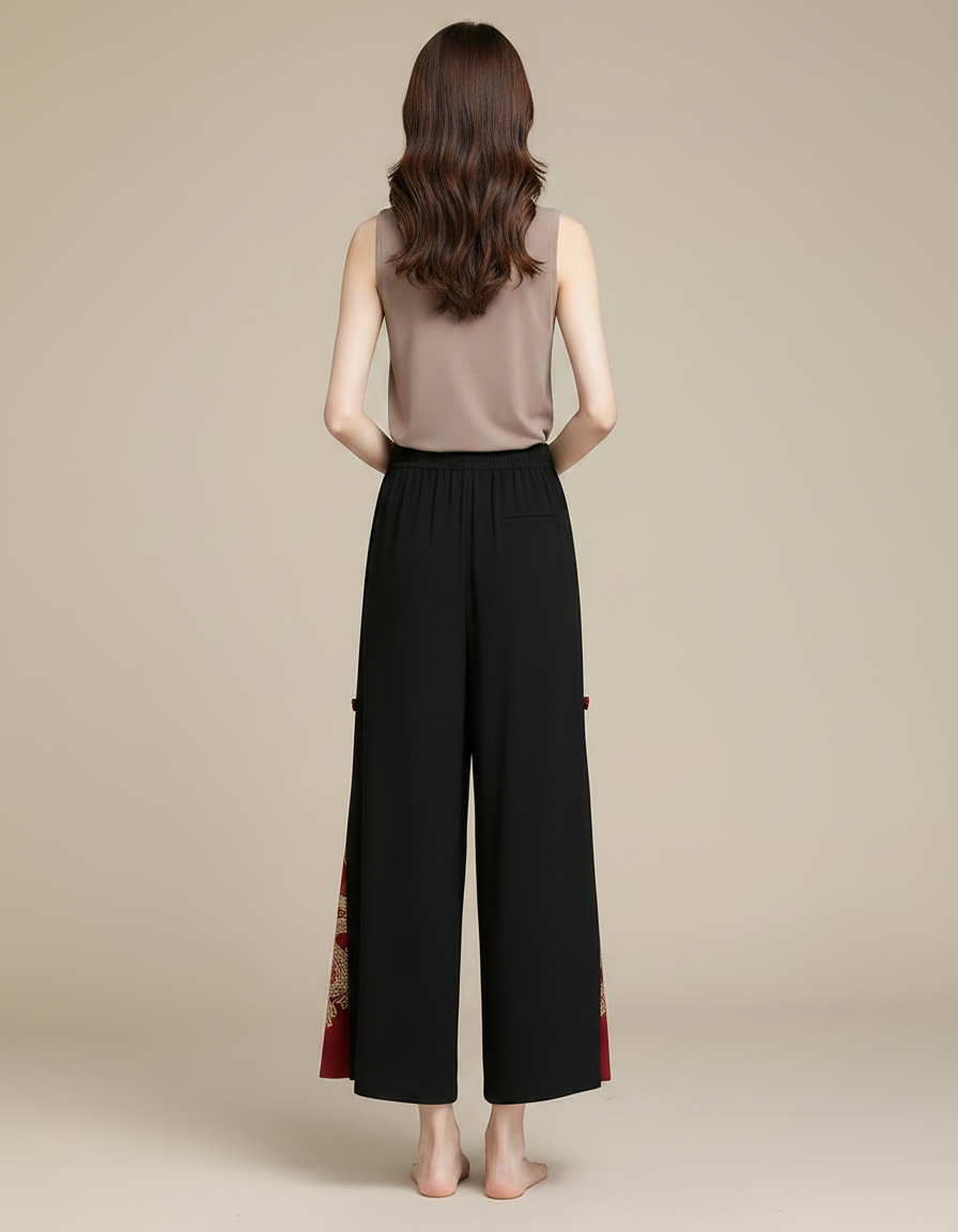 Pantalon Chinois Noir Brodé Dragon Ample Fendu Ethnique - Polyester - vue 2