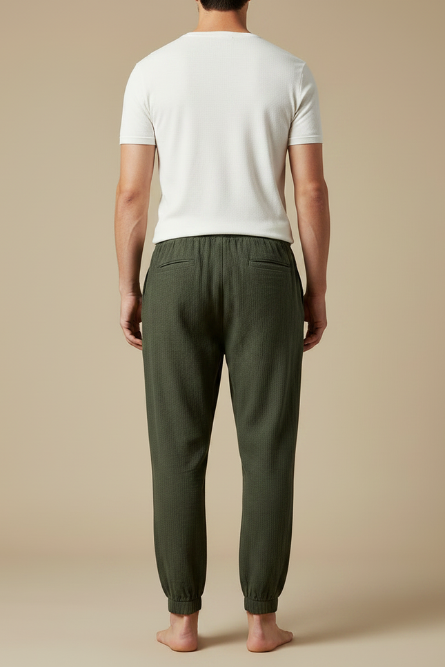 Pantalon Chinois Vert Coton Lin Harem Homme - Kaki Cordé - vue 2