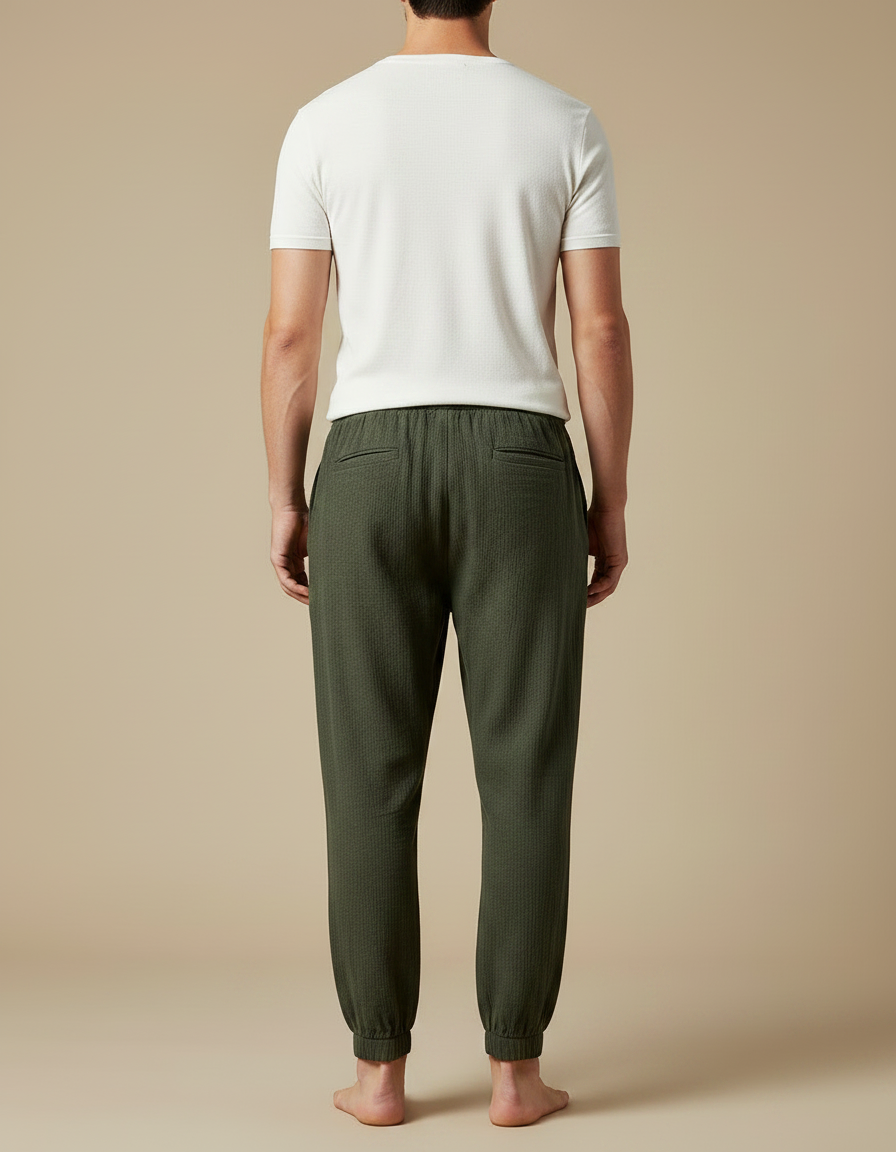 Pantalon Chinois Vert Coton Lin Harem Homme - Kaki Cordé - vue 2