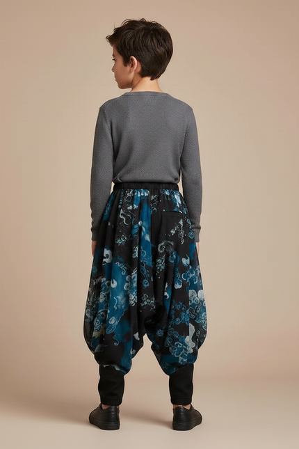 Pantalon Chinois Noir Ample Imprimé Bleu Fluide Garçon - Polyester - vue 2