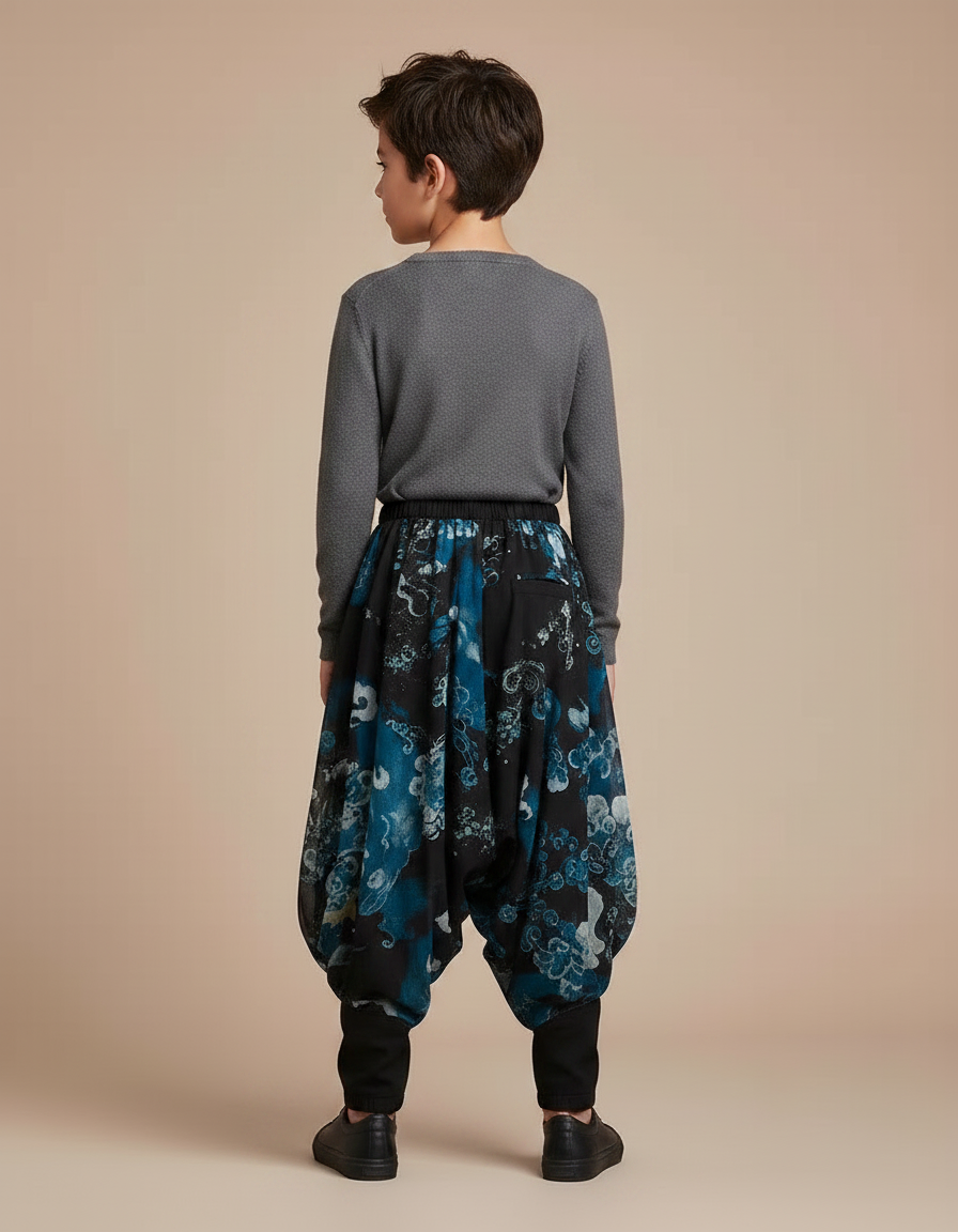 Pantalon Chinois Noir Ample Imprimé Bleu Fluide Garçon - Polyester - vue 2