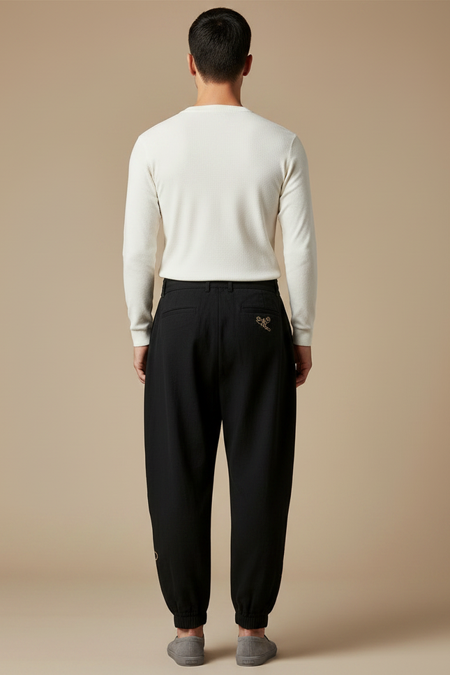 Pantalon Chinois Noir Ample Brodé Nuages Harem - Coton - vue 2