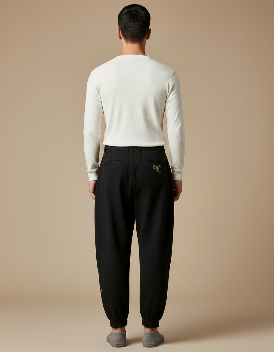 Pantalon Chinois Noir Ample Brodé Nuages Harem - Coton - vue 2