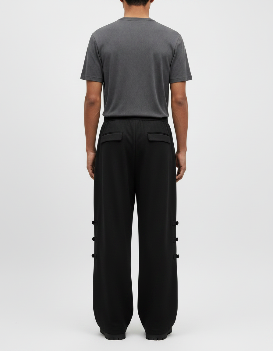 Pantalon Chinois Noir Ample Boutons Décontracté Homme - Molleton - vue 2