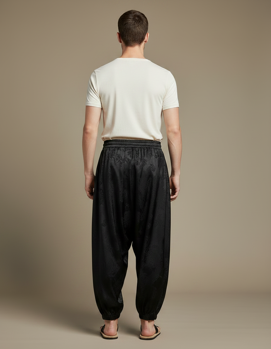 Pantalon Chinois Noir Satin Dragon Ample Homme - vue 2