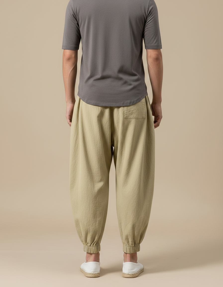 Pantalon Chinois Harem Lin Ample Décontracté Homme - Kaki - vue 2