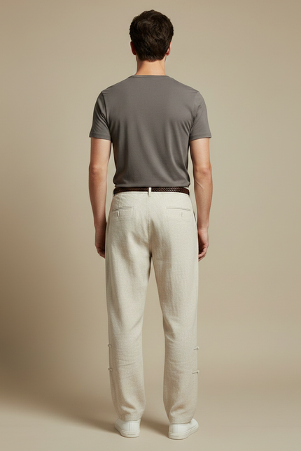 Pantalon Chinois Lin Beige Ample Décontracté Boucles Homme - vue 2