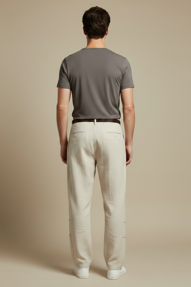 Pantalon Chinois Lin Beige Ample Décontracté Boucles Homme - vue 2