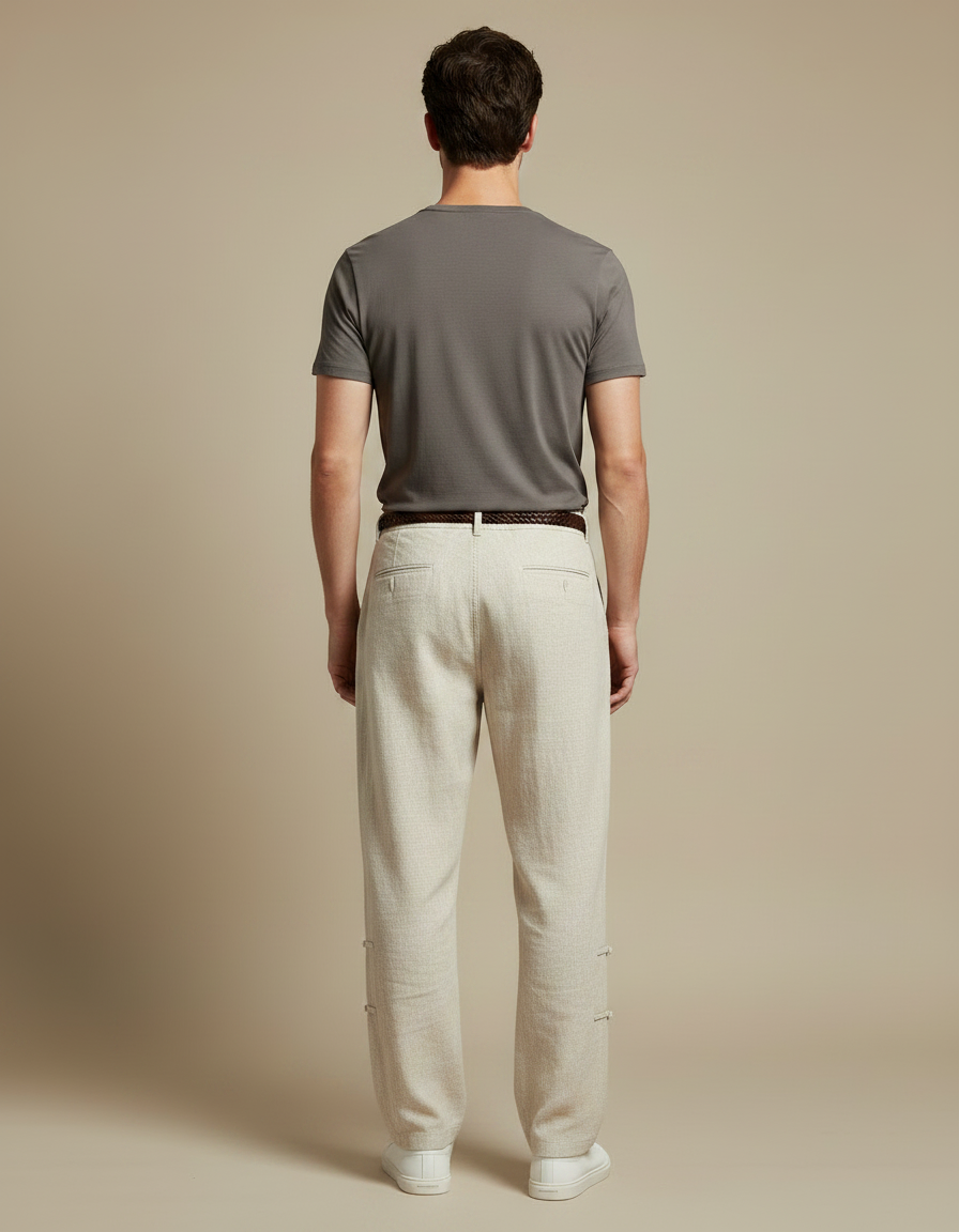 Pantalon Chinois Lin Beige Ample Décontracté Boucles Homme - vue 2