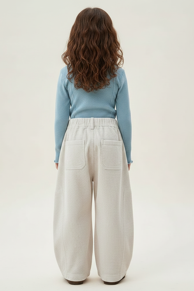 Pantalon Chinois Crème Côtelé Ample Décontracté Enfant - Beige Cordé - vue 2