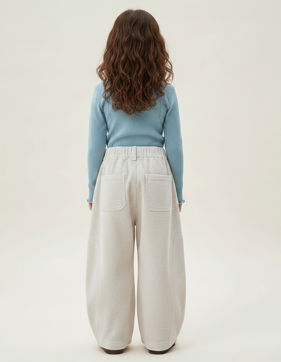 Pantalon Chinois Crème Côtelé Ample Décontracté Enfant - Beige Cordé - vue 2