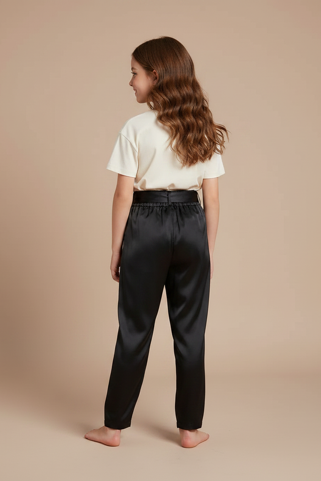 Pantalon Chinois Noir Satiné Ample Ceinturé Élégant - vue 2