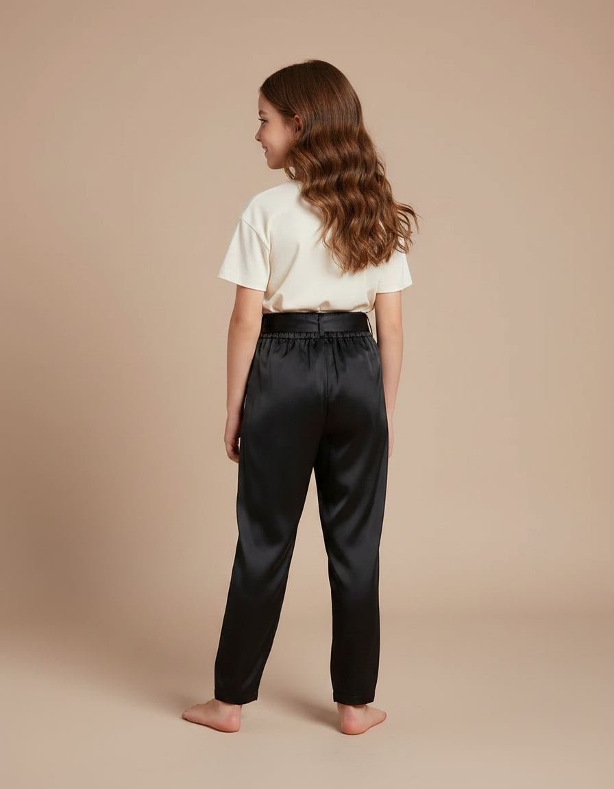 Pantalon Chinois Noir Satiné Ample Ceinturé Élégant - vue 2