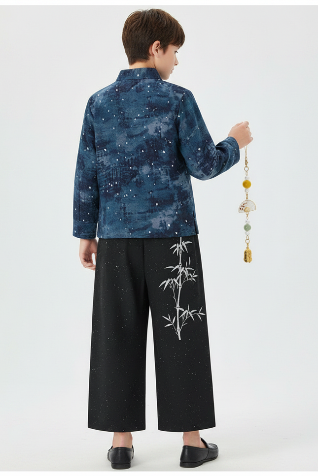 Pantalon Chinois Noir Ample Brodé Bambou Étoilé - Polyester