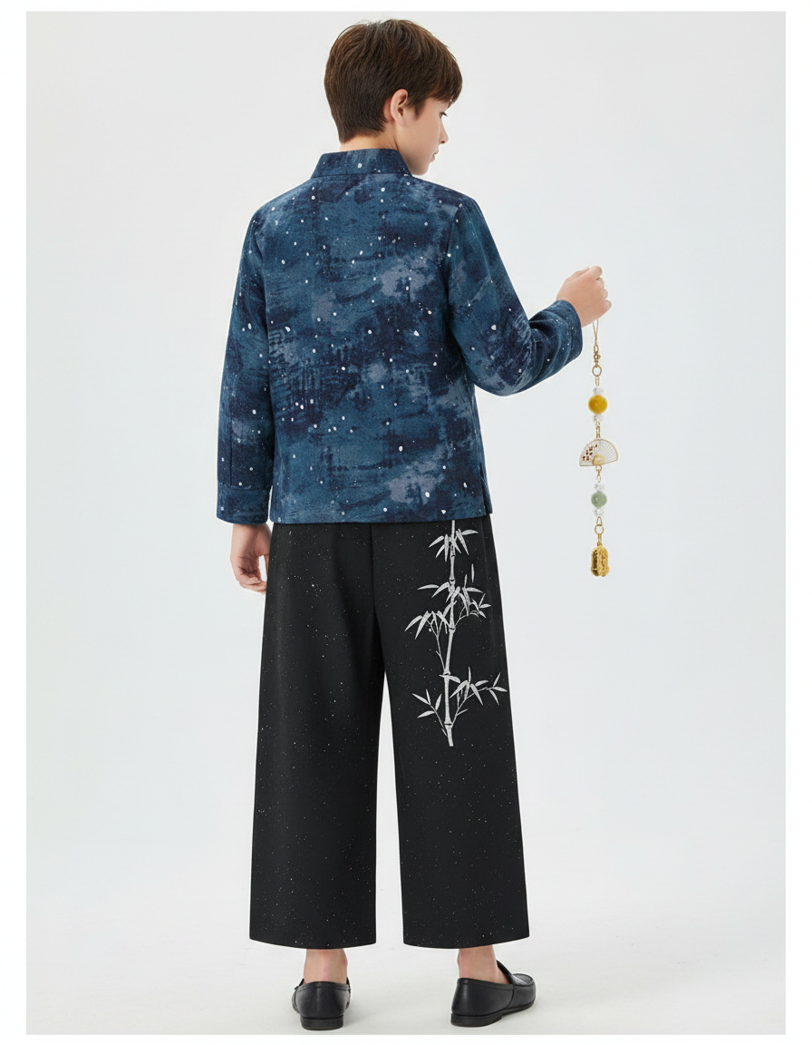 Pantalon Chinois Noir Ample Brodé Bambou Étoilé - Polyester