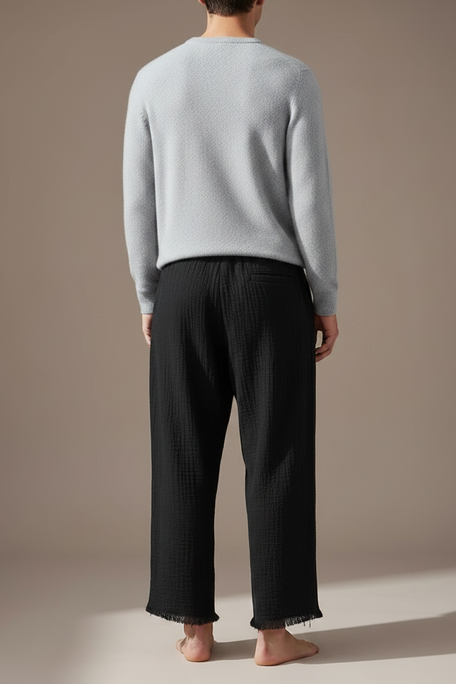 Pantalon Chinois Noir Ample Coton Lin Froissé Décontracté - vue 2