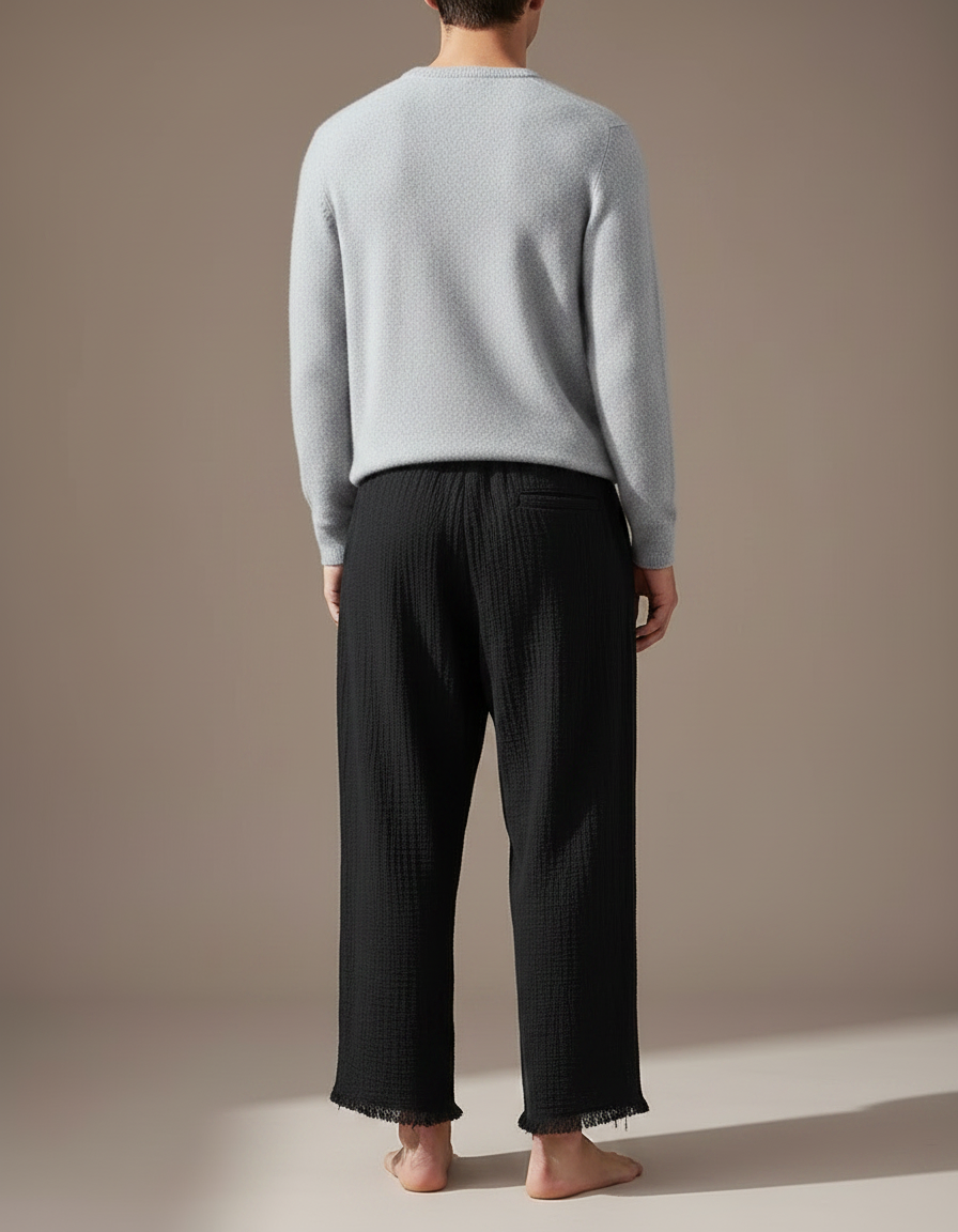 Pantalon Chinois Noir Ample Coton Lin Froissé Décontracté - vue 2