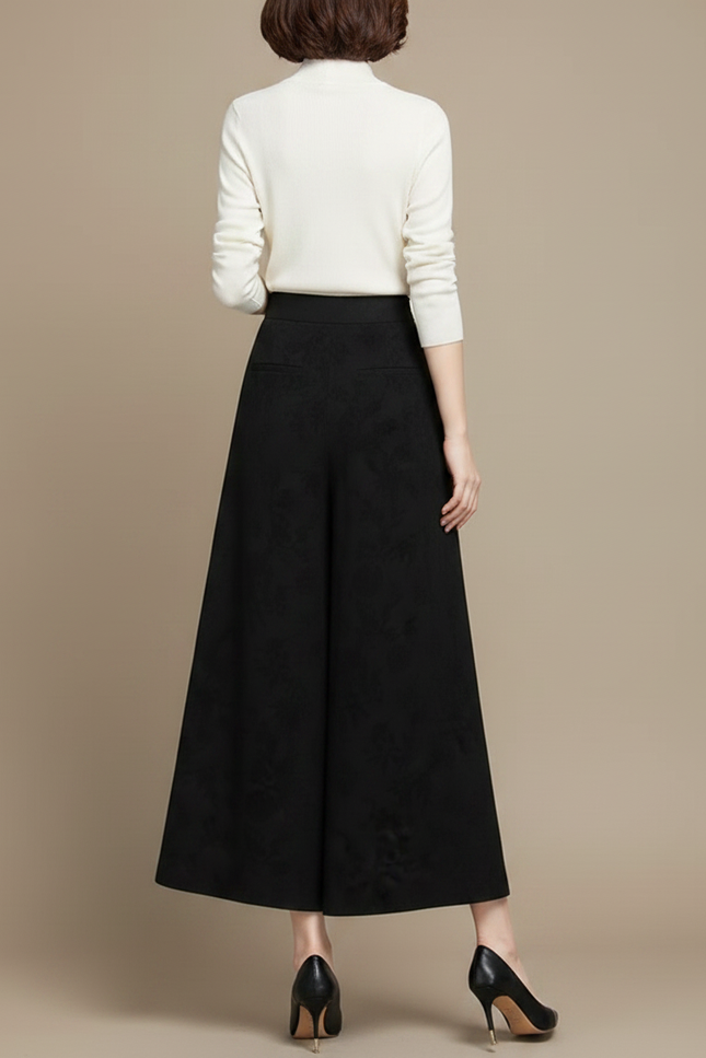 Pantalon Chinois Noir Ample Fluide Jacquard Élégant - Polyester - vue 2