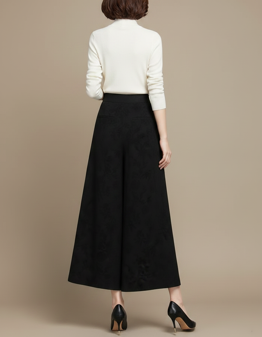 Pantalon Chinois Noir Ample Fluide Jacquard Élégant - Polyester - vue 2