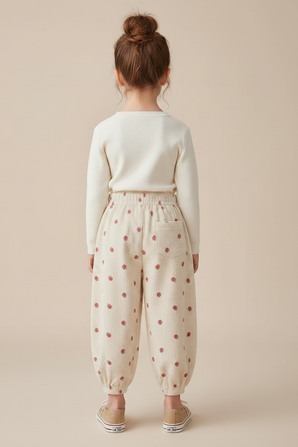 Pantalon Chinois Beige Côtelé Fraises Ample Enfant - Cordé - vue 2