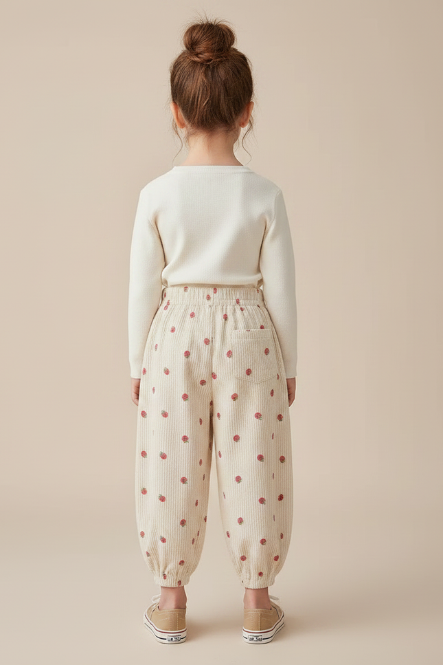 Pantalon Chinois Beige Côtelé Fraises Ample Enfant - Cordé - vue 2