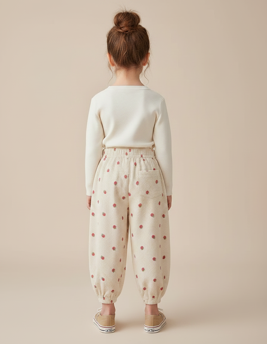 Pantalon Chinois Beige Côtelé Fraises Ample Enfant - Cordé - vue 2