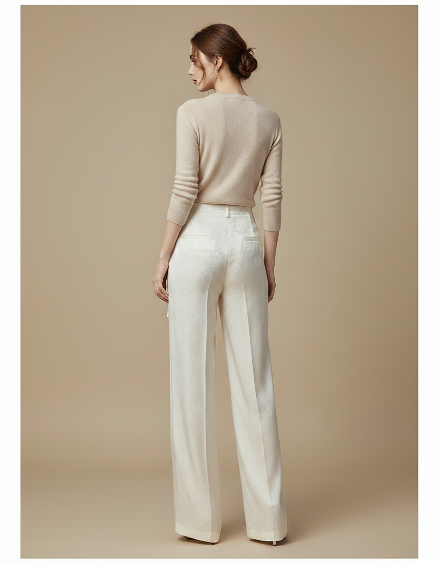 Pantalon Chinois Blanc Jacquard Fluide Ample Élégant - Satin - vue 2