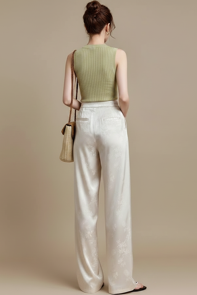 Pantalon Chinois Satiné Jacquard Évasé Taille Haute Femme - Beige - vue 2