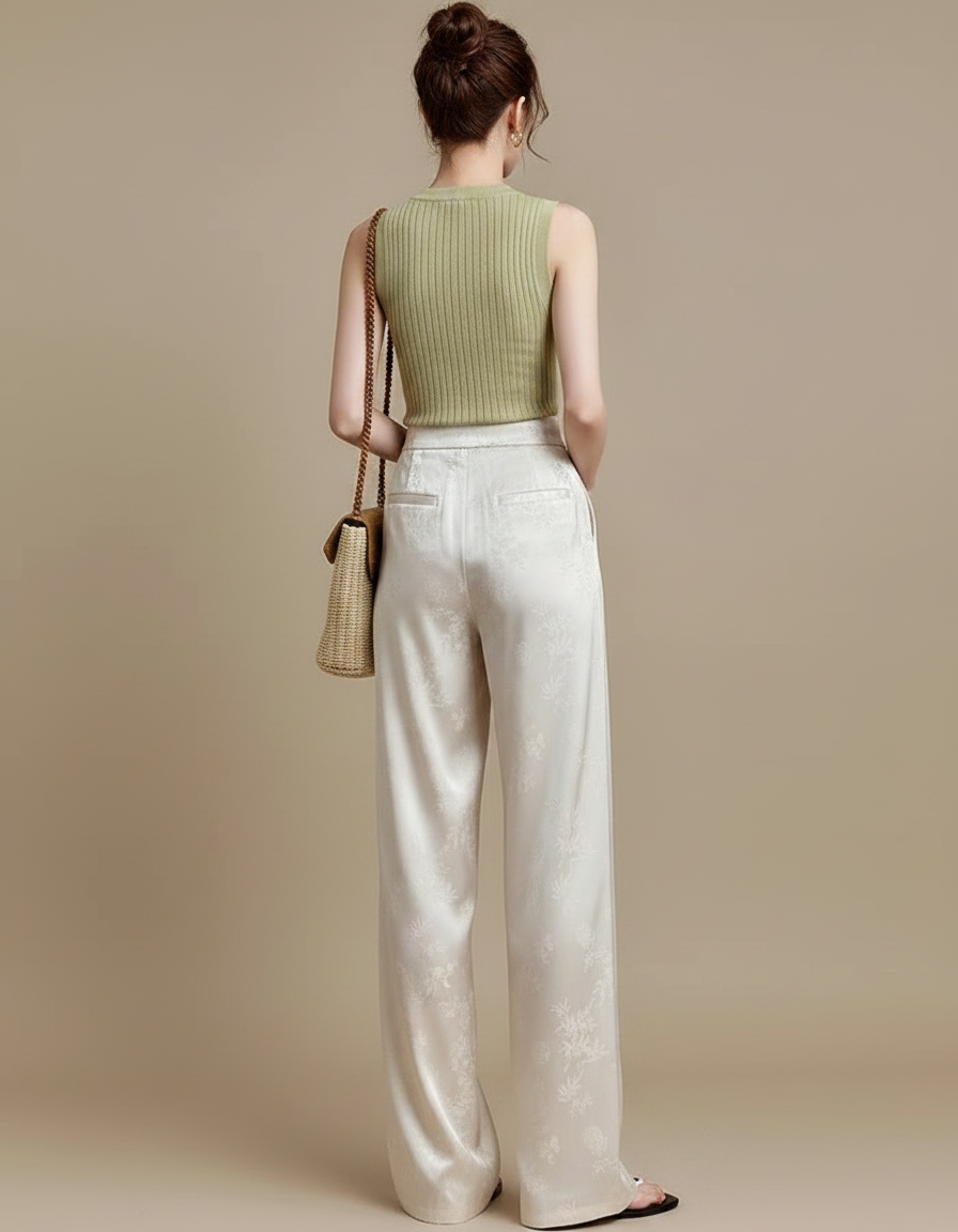 Pantalon Chinois Satiné Jacquard Évasé Taille Haute Femme - Beige - vue 2