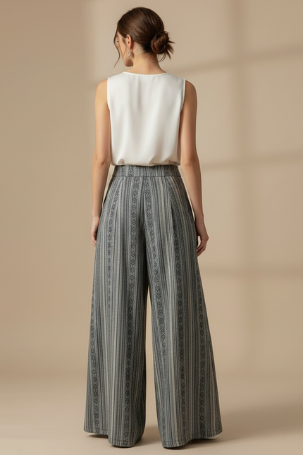 Pantalon Chinois Rayé Ample Ethnique Coton Lin - Gris - vue 2