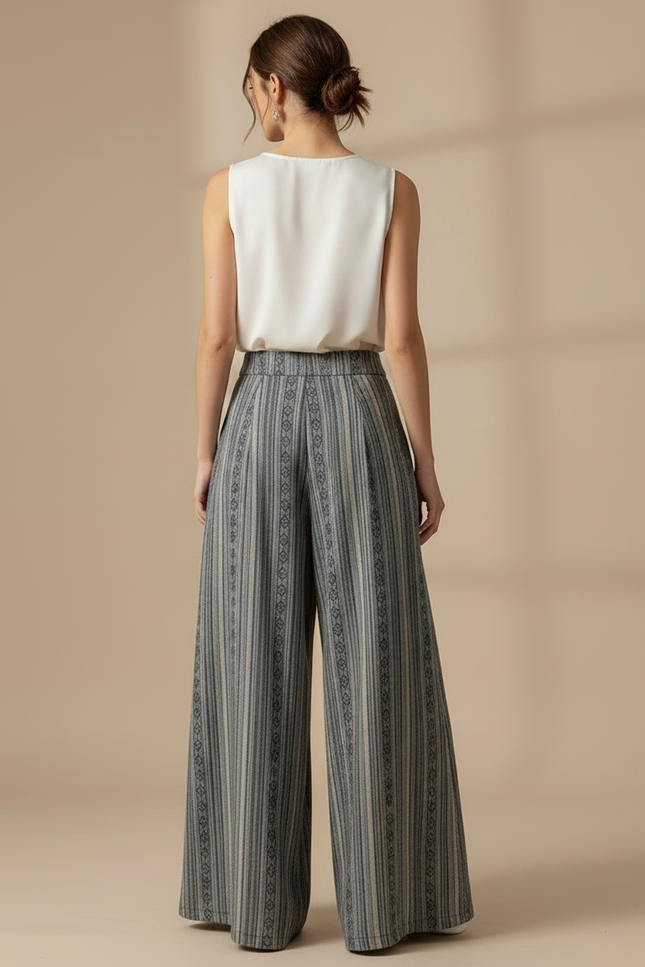 Pantalon Chinois Rayé Ample Ethnique Coton Lin - Gris - vue 2