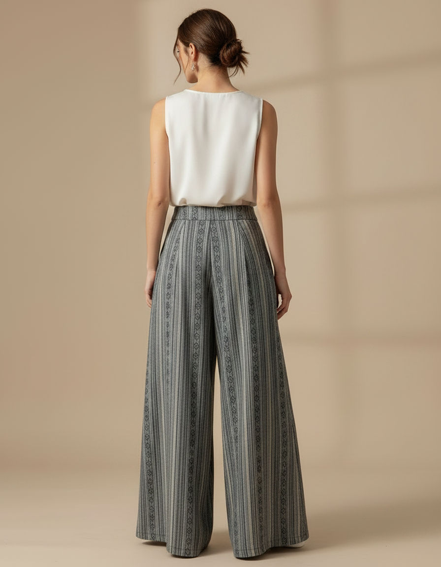 Pantalon Chinois Rayé Ample Ethnique Coton Lin - Gris - vue 2