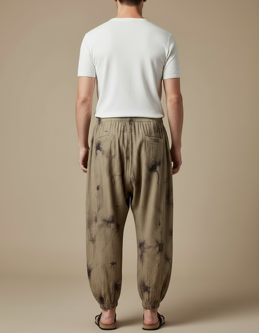 Pantalon Chinois Harem Tie-Dye Ample Lin Coton Homme - Kaki - vue 2