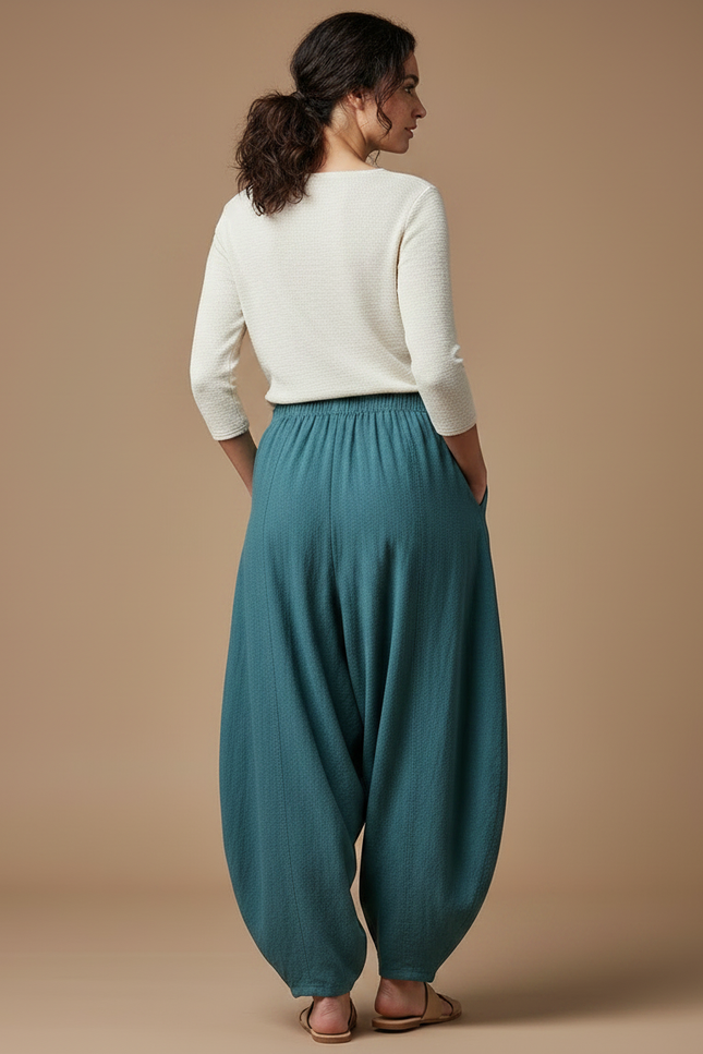 Pantalon Chinois Écru Lin Ample Décontracté Femme - Vert - vue 2
