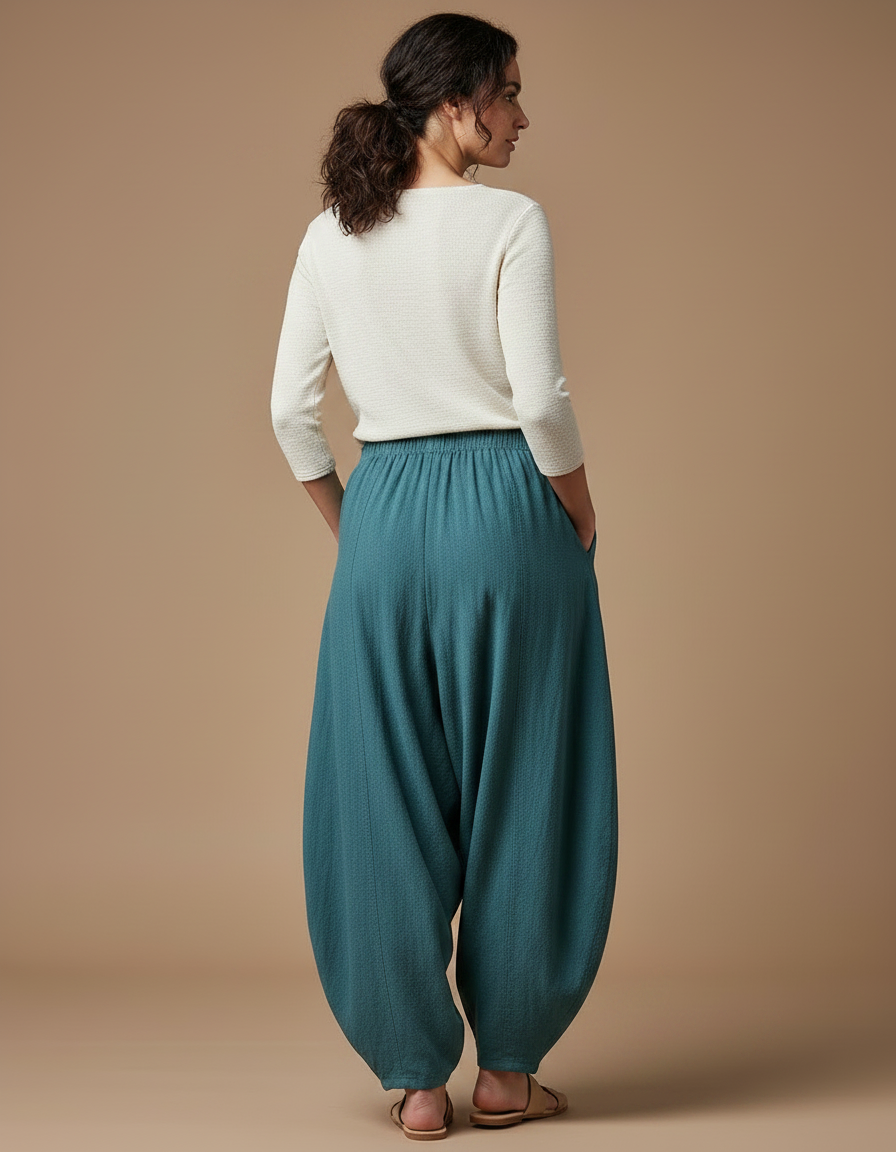 Pantalon Chinois Écru Lin Ample Décontracté Femme - Vert - vue 2