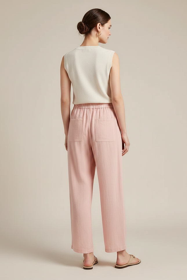 Pantalon Chinois Rose Lin Ample Brodé Fluide - vue 2