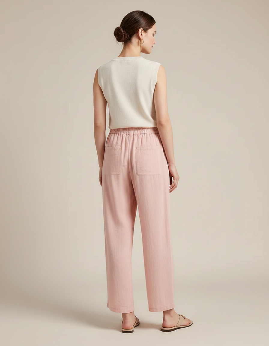 Pantalon Chinois Rose Lin Ample Brodé Fluide - vue 2
