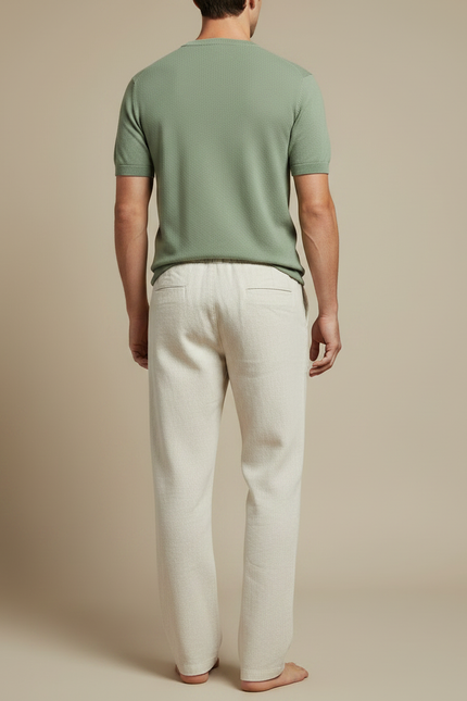 Pantalon Chinois Lin Écru Ample Décontracté Cordon - Beige - vue 2
