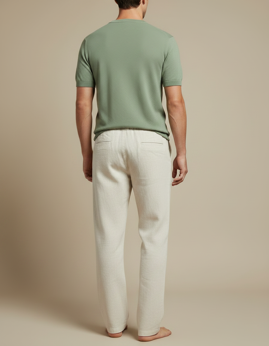Pantalon Chinois Lin Écru Ample Décontracté Cordon - Beige - vue 2