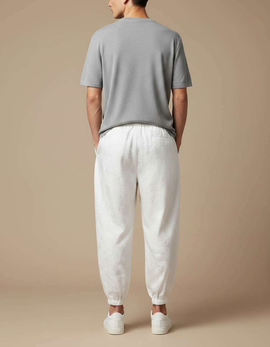 Pantalon Chinois Harem Dragon Blanc Ample Coton - vue 2