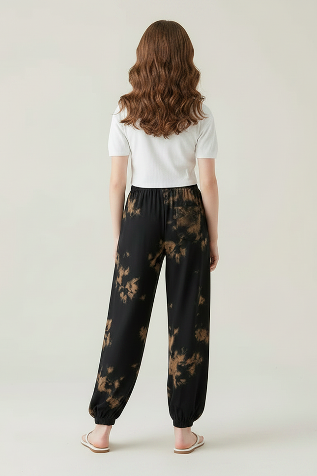 Pantalon Chinois Noir Tie-Dye Ample Fluide Estival Femme - Imprimé Viscose - vue 2