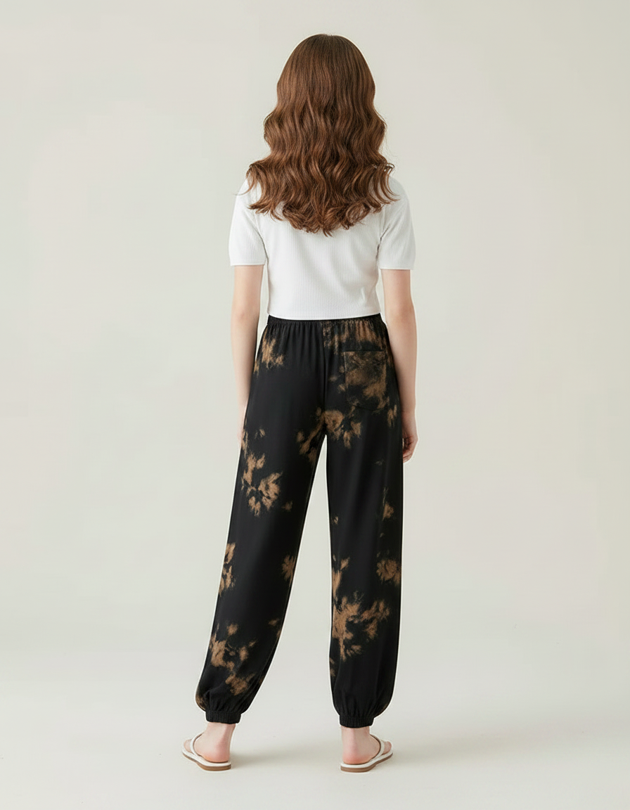 Pantalon Chinois Noir Tie-Dye Ample Fluide Estival Femme - Imprimé Viscose - vue 2