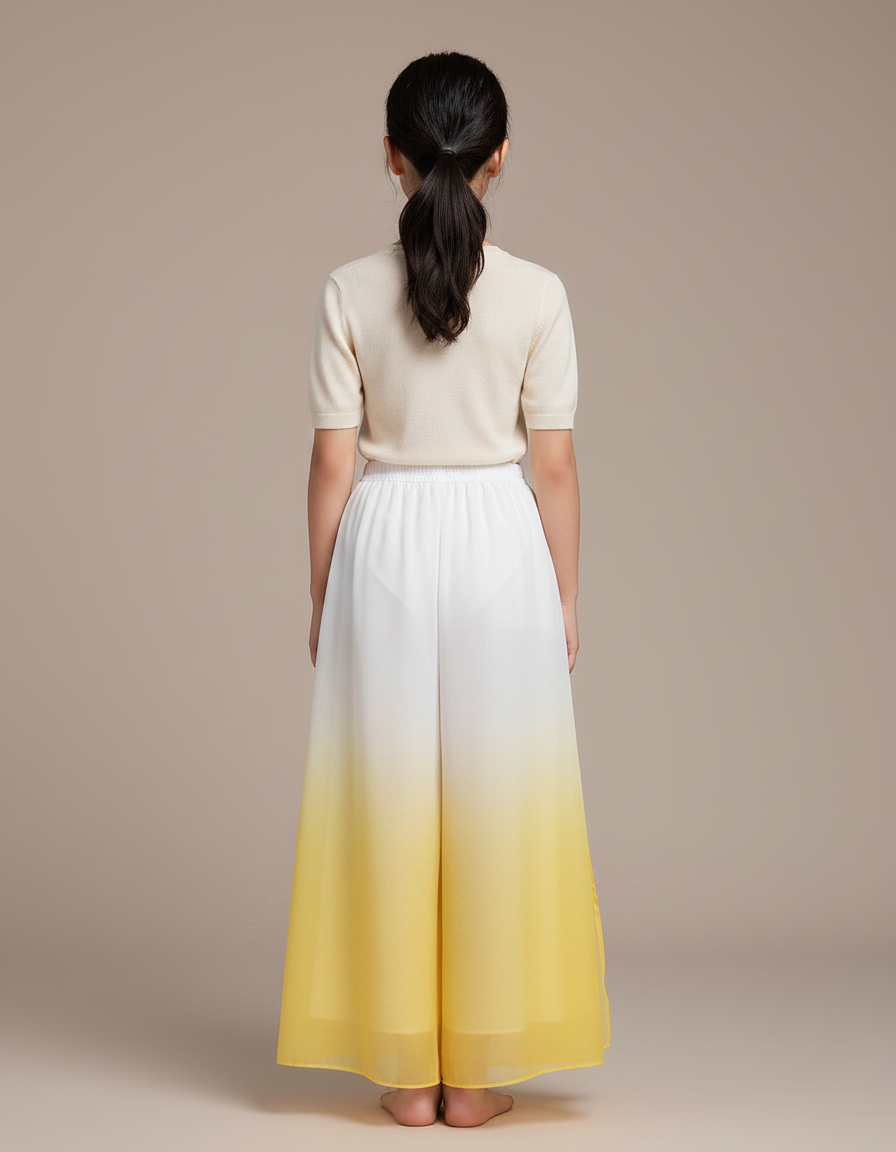 Pantalon Chinois Dégradé Fluide Ample Fendu Jaune - Polyester - vue 2