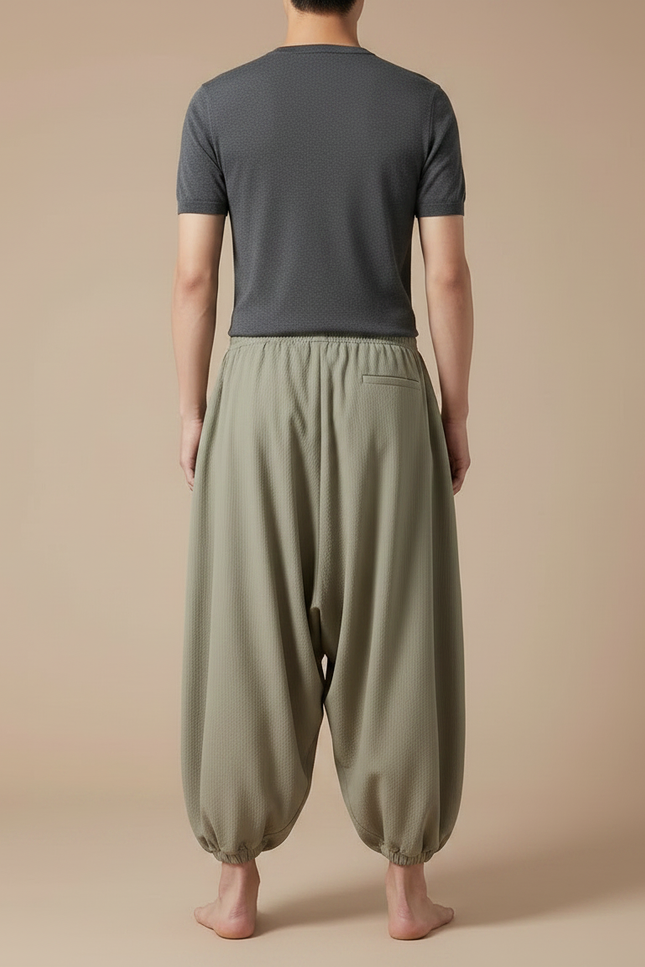 Pantalon Chinois Harem Vert Ample Cordon Décontracté Homme - Kaki Polyester - vue 2